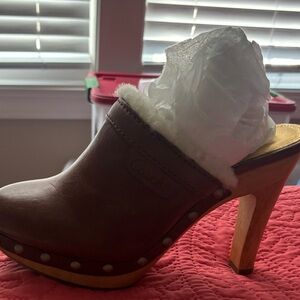 Coach Brown Leather Mules with Shearling Trim